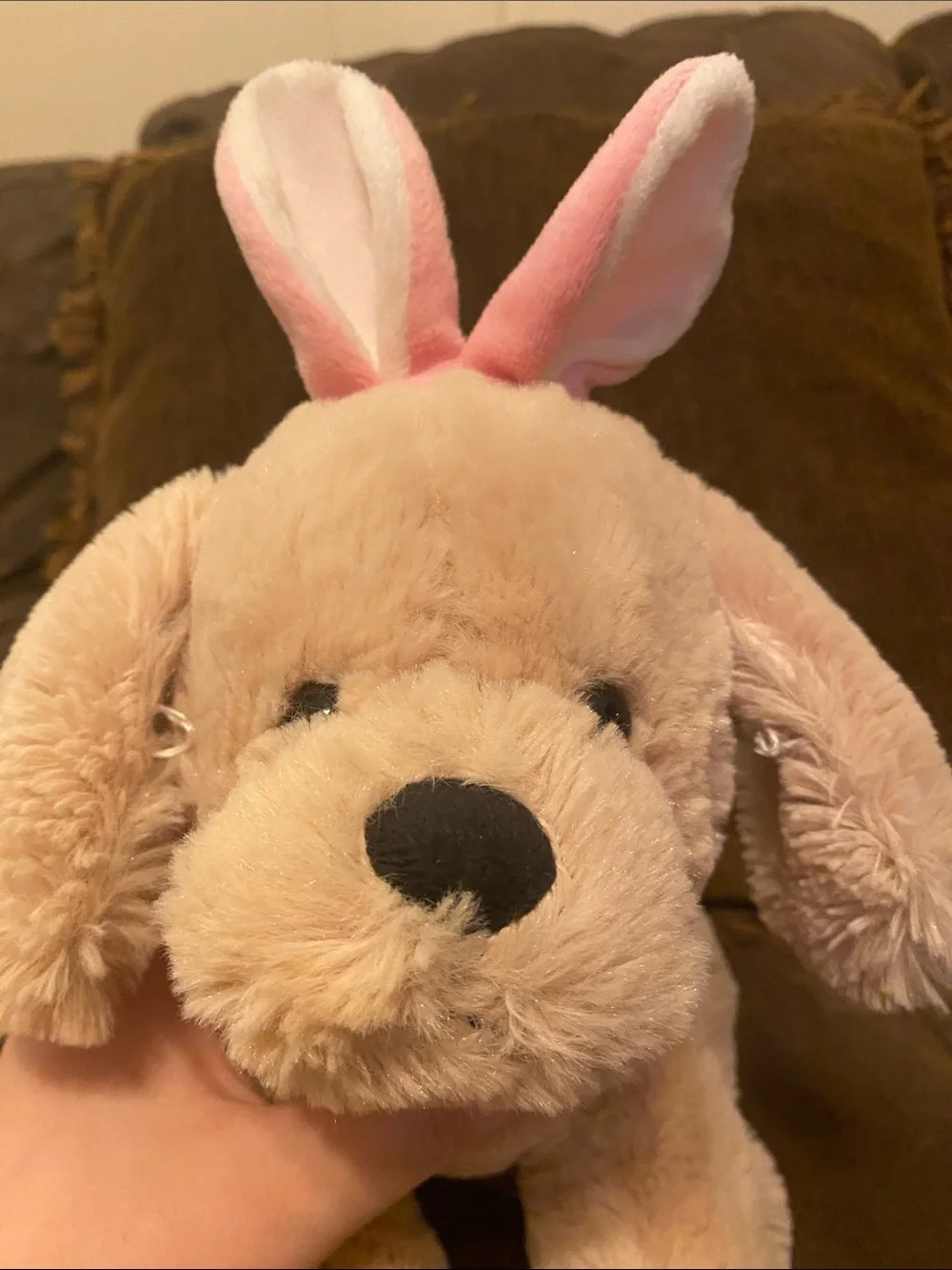 Plush Puppy with Pink Bunny Ears - Light Beige and Pink
